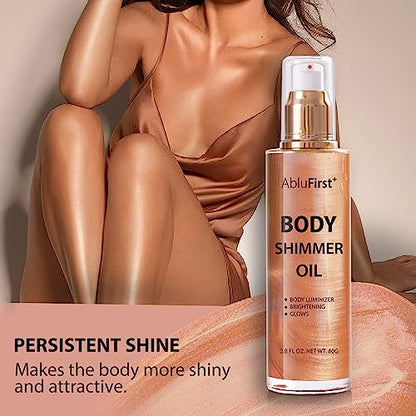 Shimmer Body Oil 4 Colors Summer Body Glitter Moisturizing Light Shimmer Glow Non-Sticky Summer Body Luminizer and Illuminator Smooth (2.8 Fl Oz (Pack of 1), Gold)