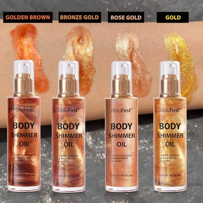 Shimmer Body Oil 4 Colors Summer Body Glitter Moisturizing Light Shimmer Glow Non-Sticky Summer Body Luminizer and Illuminator Smooth (2.8 Fl Oz (Pack of 1), Gold)