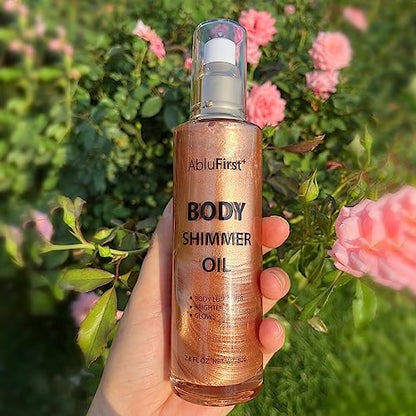 Shimmer Body Oil 4 Colors Summer Body Glitter Moisturizing Light Shimmer Glow Non-Sticky Summer Body Luminizer and Illuminator Smooth (2.8 Fl Oz (Pack of 1), Gold)