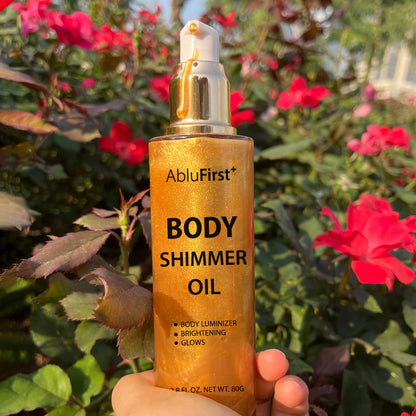 Shimmer Body Oil 4 Colors Summer Body Glitter Moisturizing Light Shimmer Glow Non-Sticky Summer Body Luminizer and Illuminator Smooth (2.8 Fl Oz (Pack of 1), Gold)