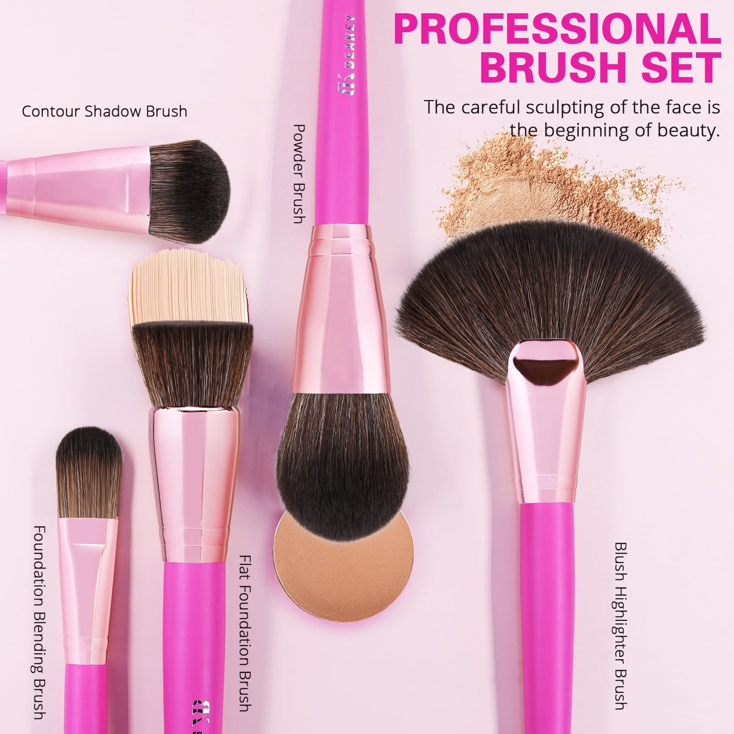 BEAKEY Makeup Brush Set Professional: Makeup Brushes for Eye and Face, Blending Brush for Foundation, Eyeshadow, Make up Brushes Pack with Case, Eye Shadow Brush for Concealer, with 2 Blender Sponge