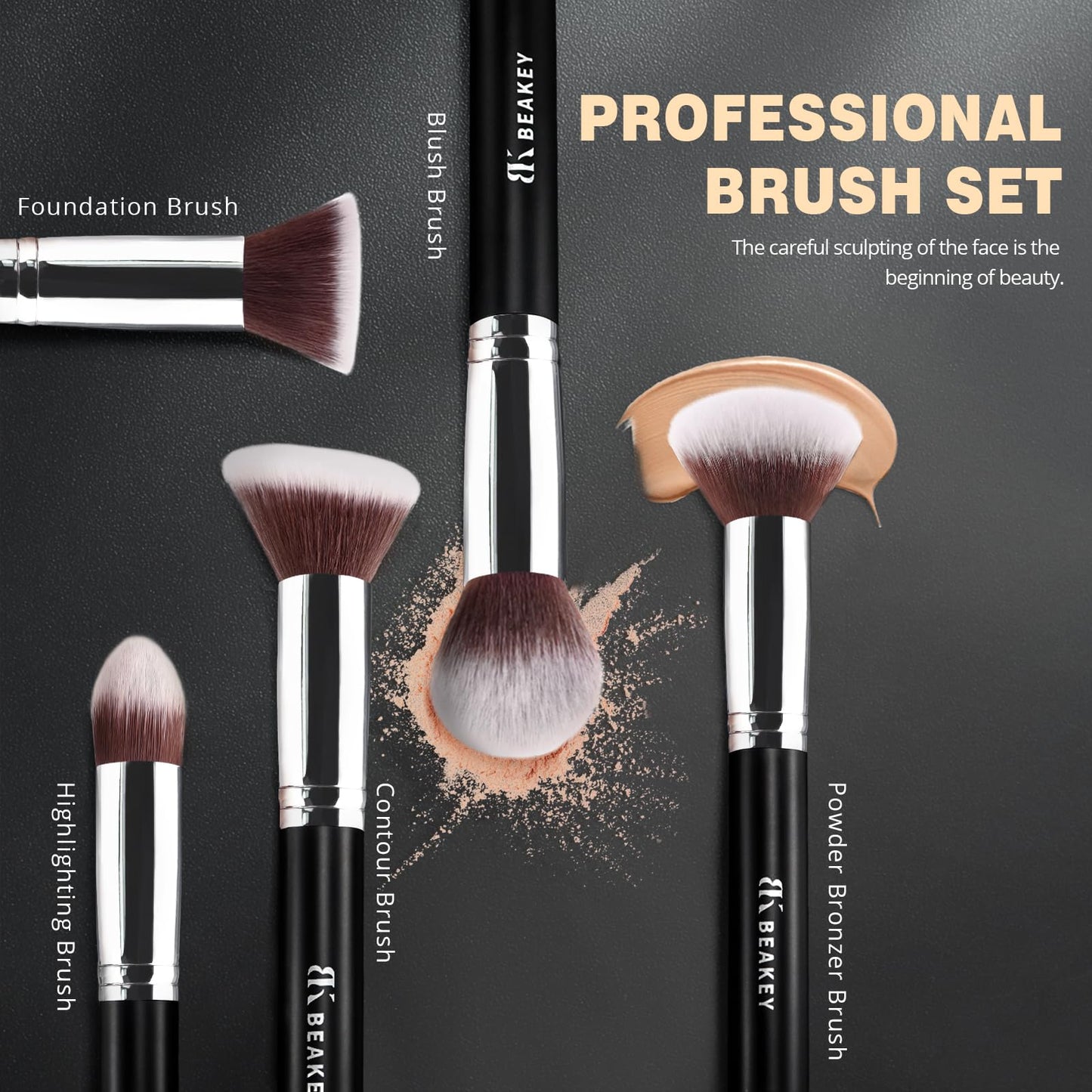 BEAKEY Makeup Brush Set Professional: Makeup Brushes for Eye and Face, Blending Brush for Foundation, Eyeshadow, Make up Brushes Pack with Case, Eye Shadow Brush for Concealer, with 2 Blender Sponge