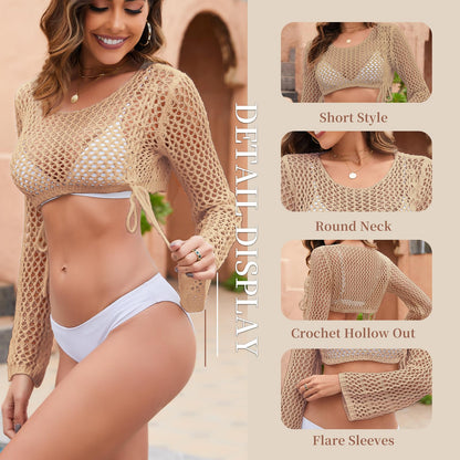 Trifabricy Beach Crochet Cover Ups for Women, Women's Sexy Long Sleeve Hollow Out Knit Tops Bikini Swimsuit Cover Up