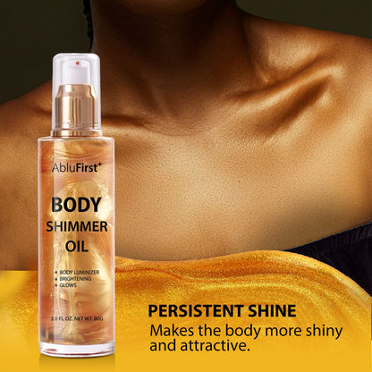 Shimmer Body Oil 4 Colors Summer Body Glitter Moisturizing Light Shimmer Glow Non-Sticky Summer Body Luminizer and Illuminator Smooth (2.8 Fl Oz (Pack of 1), Gold)