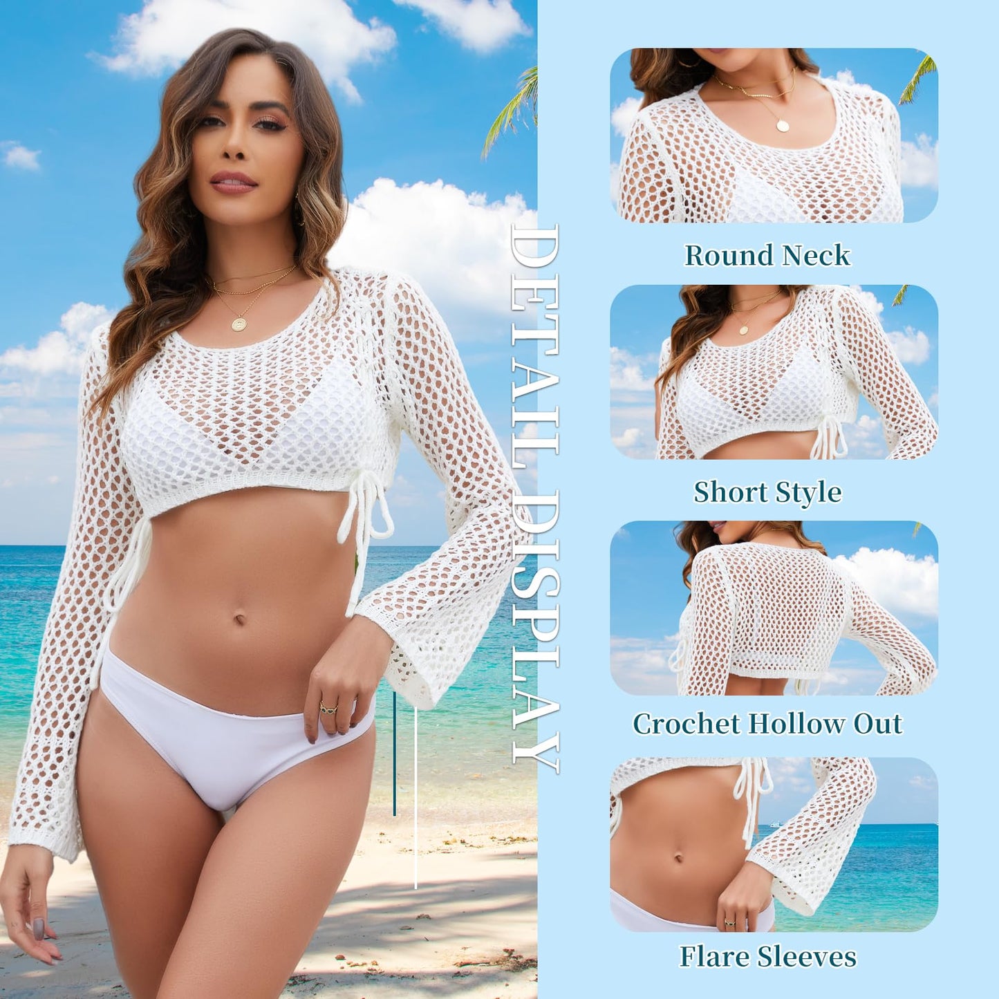 Trifabricy Beach Crochet Cover Ups for Women, Women's Sexy Long Sleeve Hollow Out Knit Tops Bikini Swimsuit Cover Up