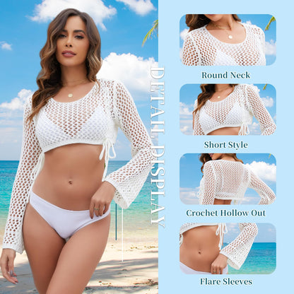 Trifabricy Beach Crochet Cover Ups for Women, Women's Sexy Long Sleeve Hollow Out Knit Tops Bikini Swimsuit Cover Up