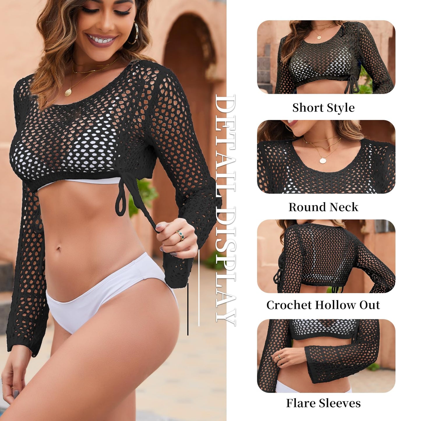 Trifabricy Beach Crochet Cover Ups for Women, Women's Sexy Long Sleeve Hollow Out Knit Tops Bikini Swimsuit Cover Up